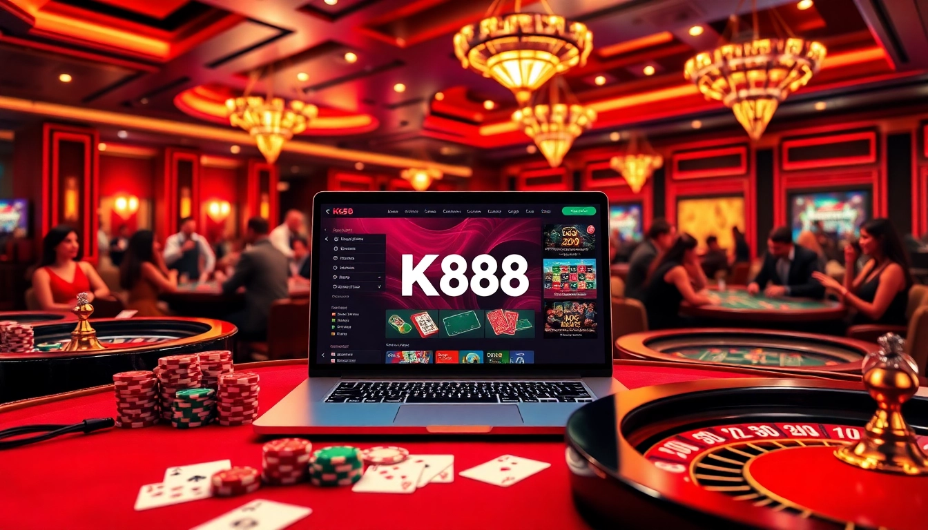 Playing exciting games at K88 online casino with vibrant poker chips and a roulette wheel.