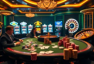 KJC branded casino scene with poker table, roulette wheel, and colorful chips.