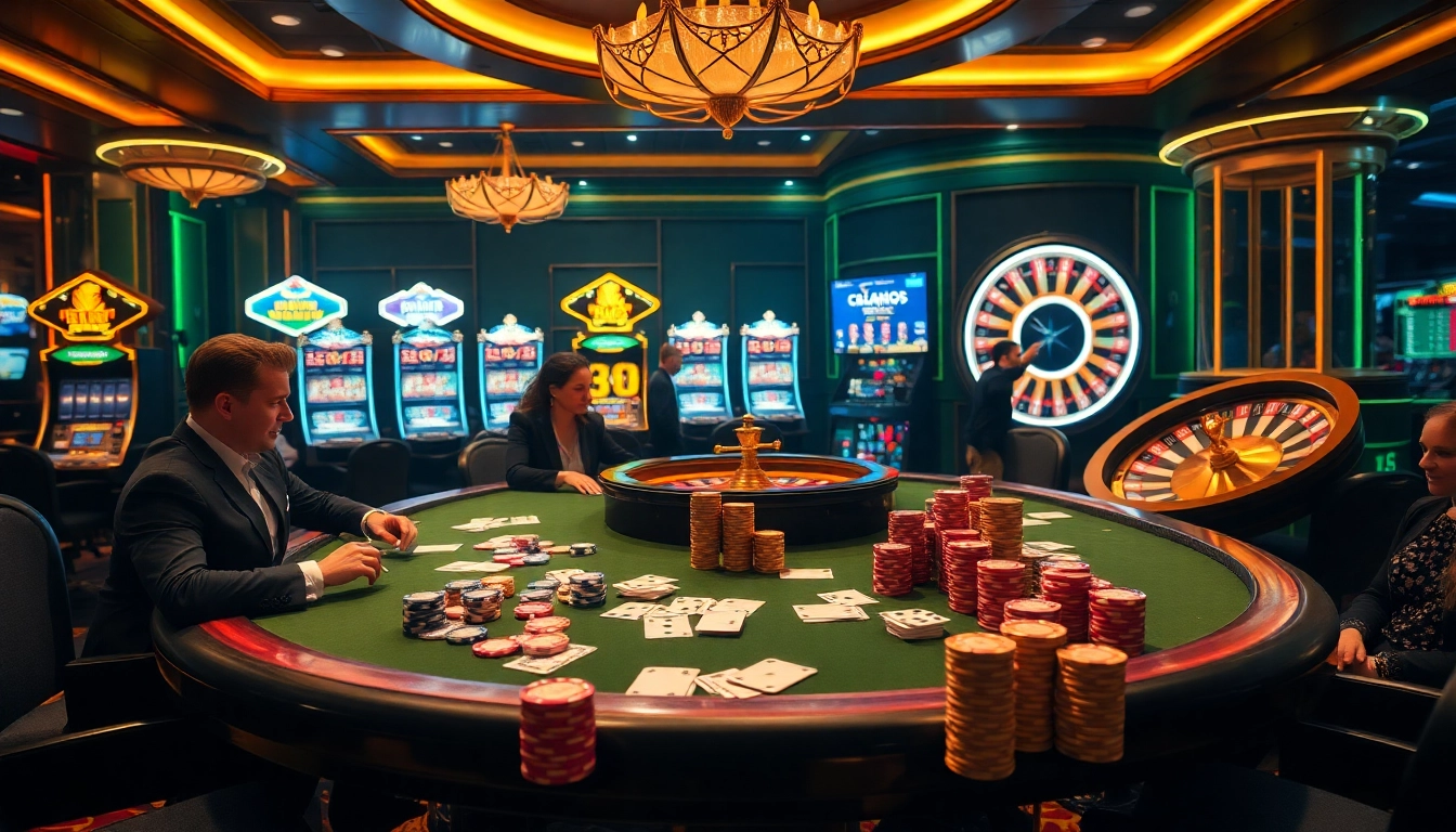 KJC branded casino scene with poker table, roulette wheel, and colorful chips.