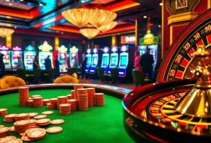 Players at a vibrant casino excitedly gamble at the poker table with HB88 chips and cards.
