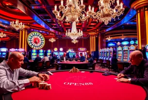 High-stakes poker action showcasing OPEN88 casino excitement with intense players and vibrant chips.
