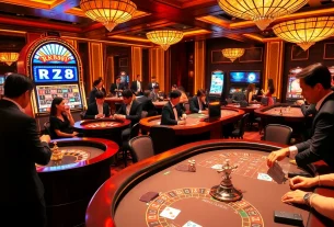 RR88 players enjoying a thrilling game at a luxurious casino table, surrounded by poker chips and cards.