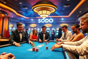 Experience the excitement at SODO CASINO with poker players engaging in an intense game.
