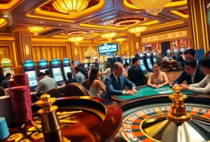 Kingfun casino experience with vibrant games, poker chips, and eager players enjoying thrilling moments.