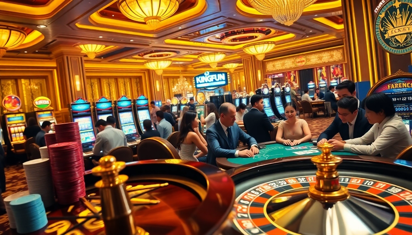 Kingfun casino experience with vibrant games, poker chips, and eager players enjoying thrilling moments.