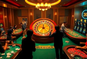 Players enjoying the thrill of high-stakes gambling at https://nk88.sa.com/ with roulette and cards.