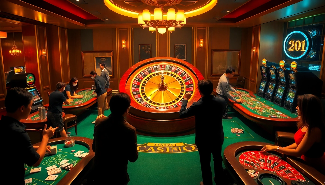 Players enjoying the thrill of high-stakes gambling at https://nk88.sa.com/ with roulette and cards.