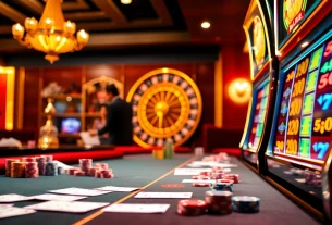 xổ số ee88 players enjoying the thrill of gambling at a luxurious casino with vibrant tables and bright lights