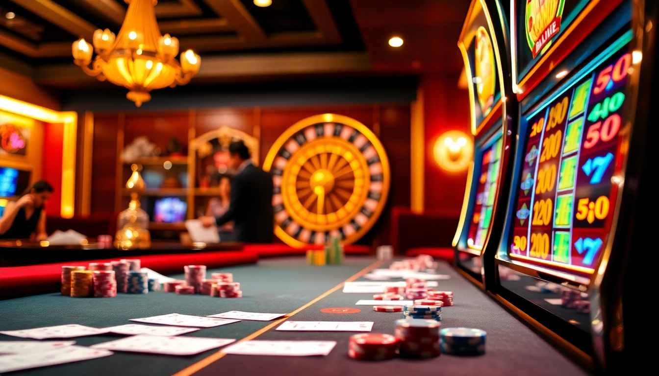 xổ số ee88 players enjoying the thrill of gambling at a luxurious casino with vibrant tables and bright lights