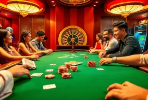 SODO Casino players excitedly engage in high-stakes poker, capturing glamour and thrill.