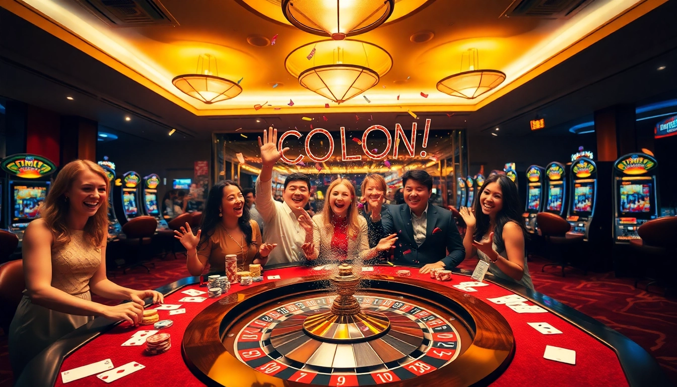 Celebrating an explosion of a prize-winning lottery at a glamorous casino table with joyful gamblers.