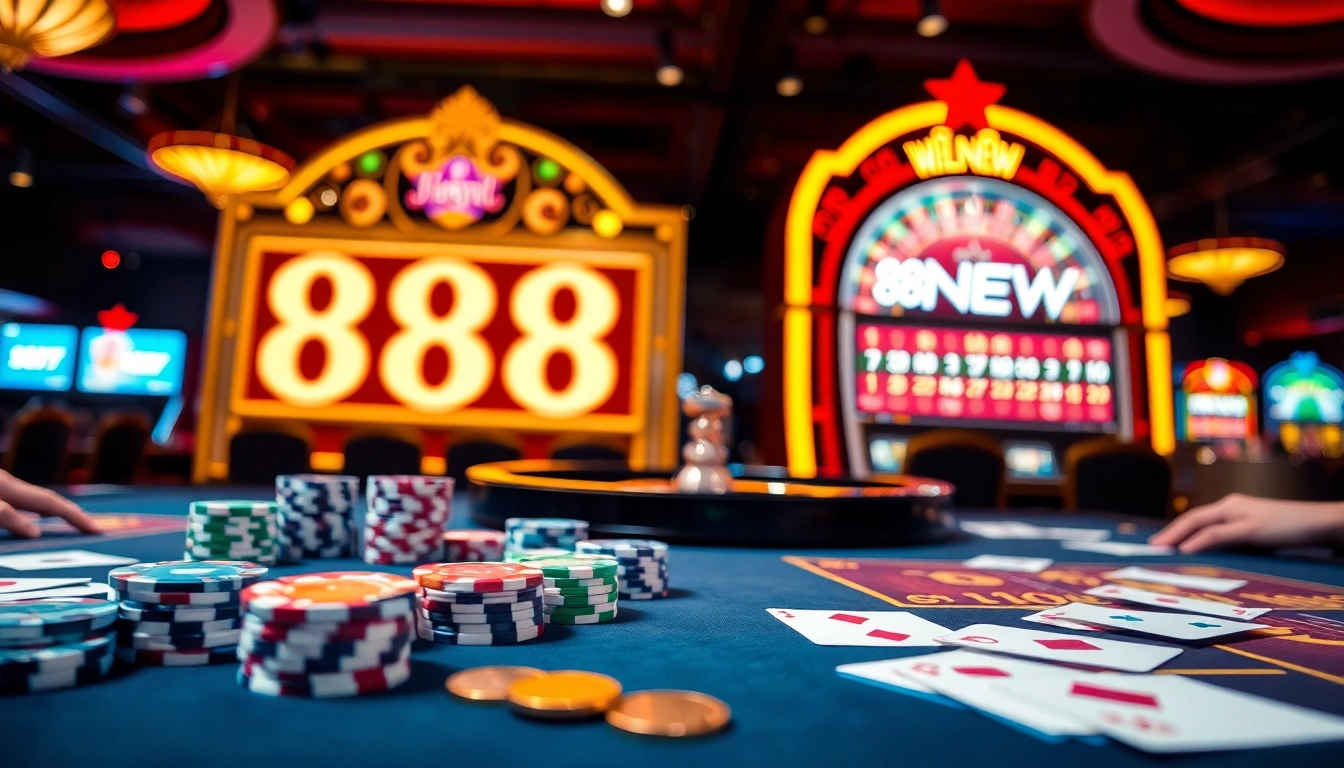 Experience the excitement of 888NEW casino with lively gaming tables and vibrant slot machines.