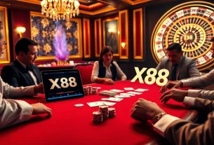 Experience excitement with XX 88 poker players strategizing high-stakes bets at elegant casino tables.