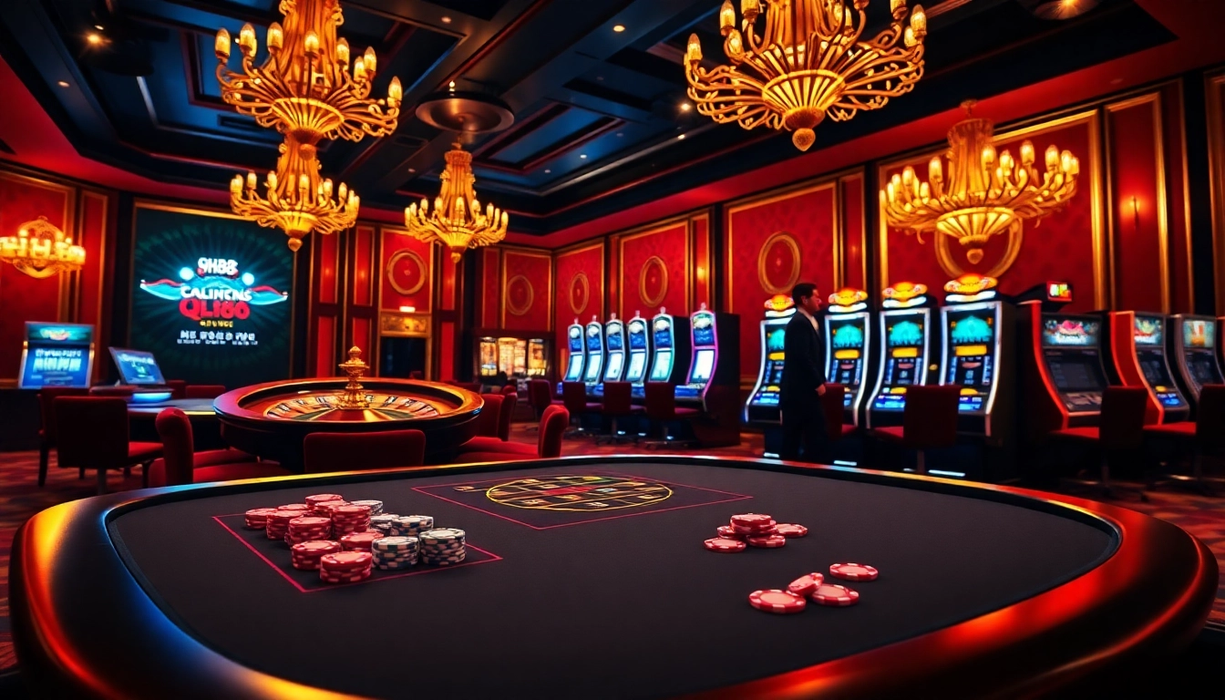 Experience the excitement of QH88 with vibrant tables and colorful chips in a lively casino atmosphere.