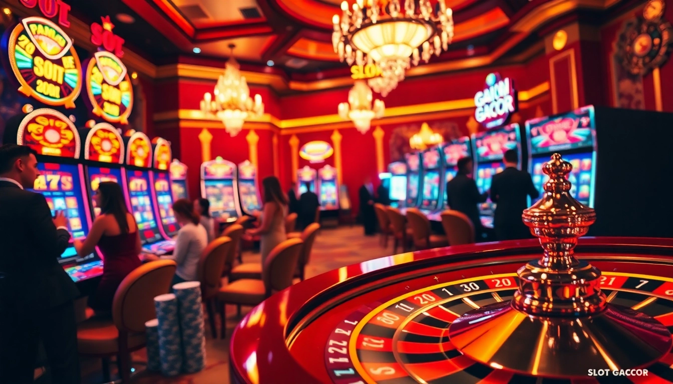 Vibrant slot gacor machines in a luxurious casino, showcasing excitement and player engagement.