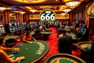 Players excitedly engage in gambling at a luxurious casino featuring MB66 elements, colorful tables, and slot machines.