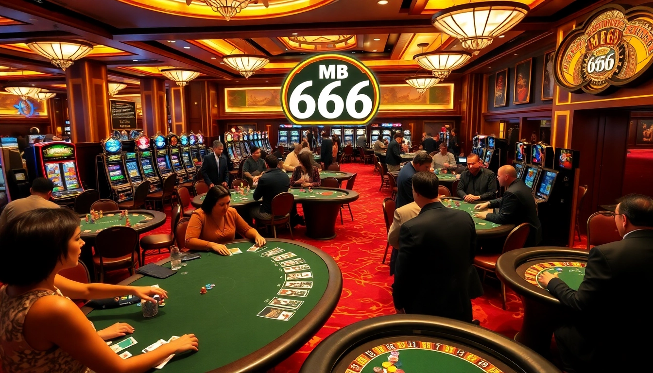 Players excitedly engage in gambling at a luxurious casino featuring MB66 elements, colorful tables, and slot machines.