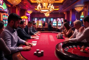 Players experiencing high-stakes excitement at Okking casino tables with chips and roulette.