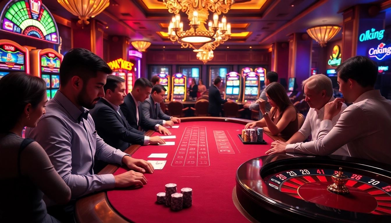 Players experiencing high-stakes excitement at Okking casino tables with chips and roulette.