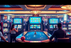 Experience the thrill of Slot Gacor with vibrant game visuals in a luxurious casino setting.