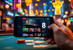 User engaging with the Ho88 app on a mobile device amidst a vibrant Vietnamese nightlife.