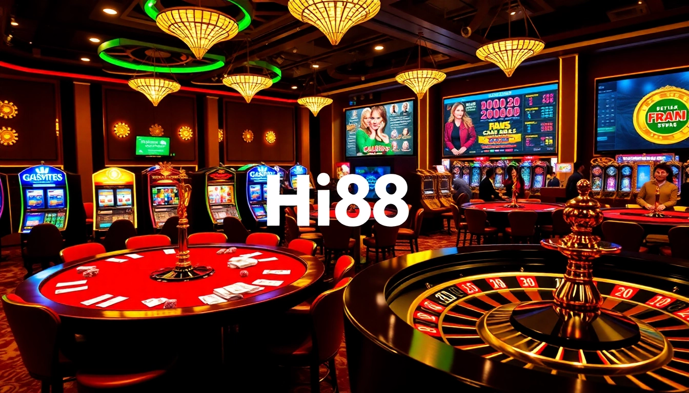 Players enjoying games at Hi88 Casino with vibrant slots and casino tables.