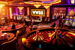 Experience the thrill of WW88 at a luxurious casino table, showcasing high-stakes poker and vibrant gameplay.