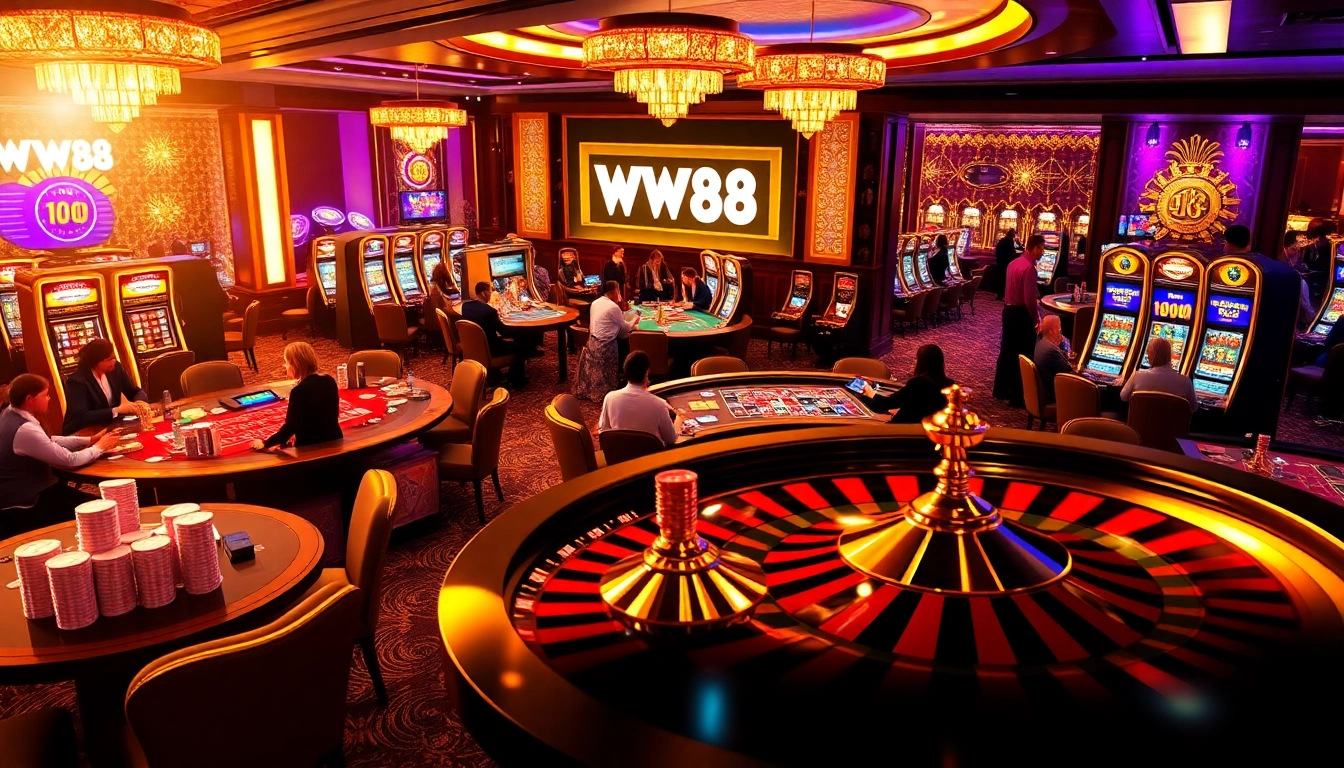 Experience the thrill of WW88 at a luxurious casino table, showcasing high-stakes poker and vibrant gameplay.