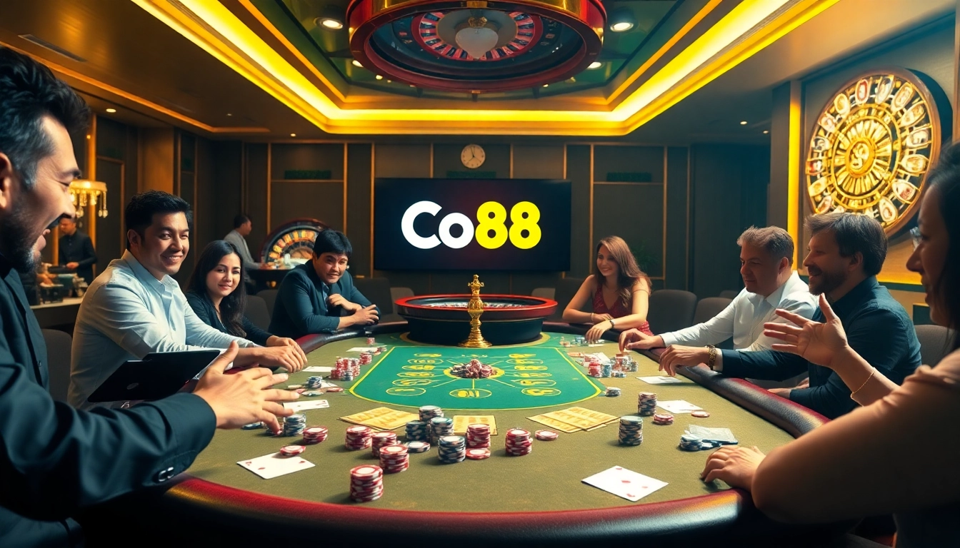 Engaged players at a Co88 poker table showcasing vibrant casino excitement.