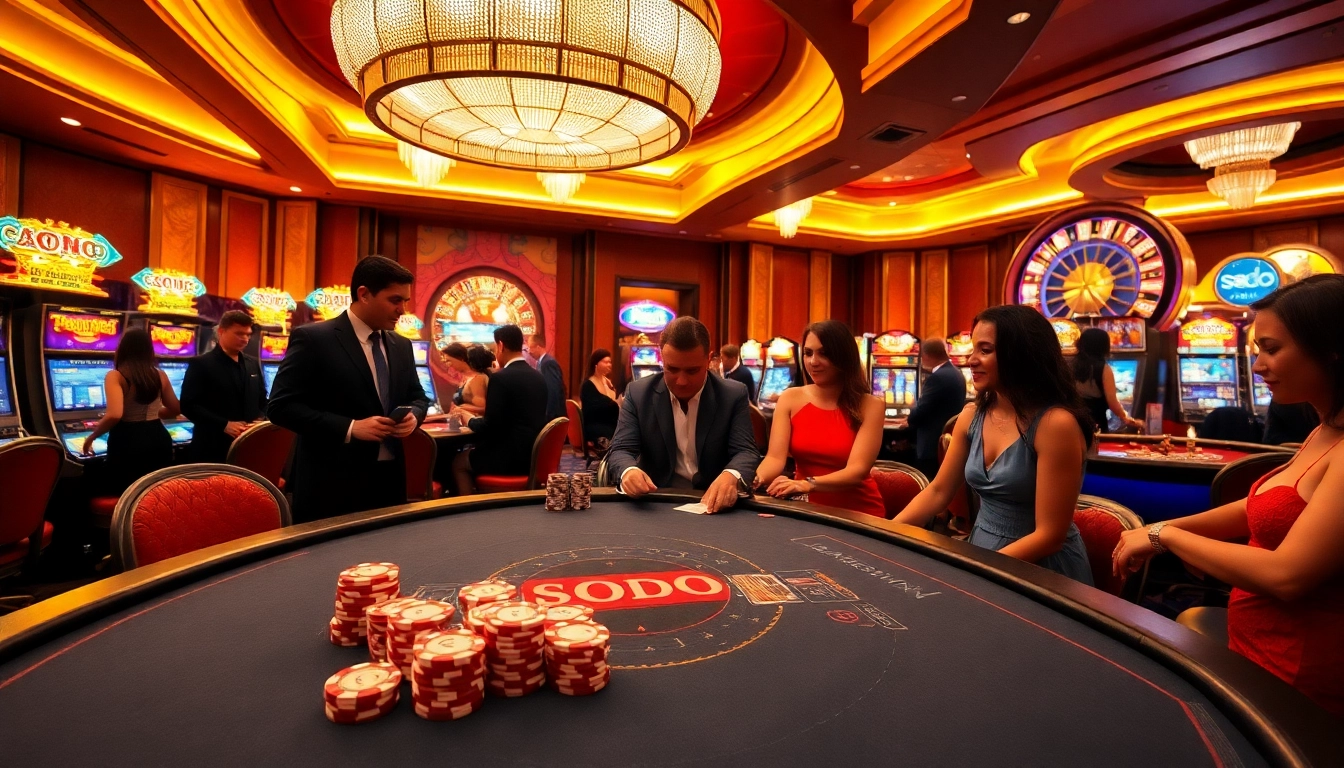Players enjoying intense games at SODO CASINO with vibrant slot machines and a roulette wheel.