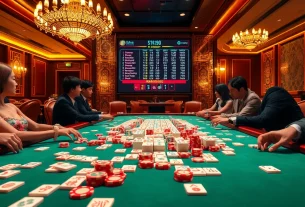 Berpartisipasi dalam perjudian Mahjong di meja kasino yang hidup dengan ubin berwarna-warni dan chip kemenangan.