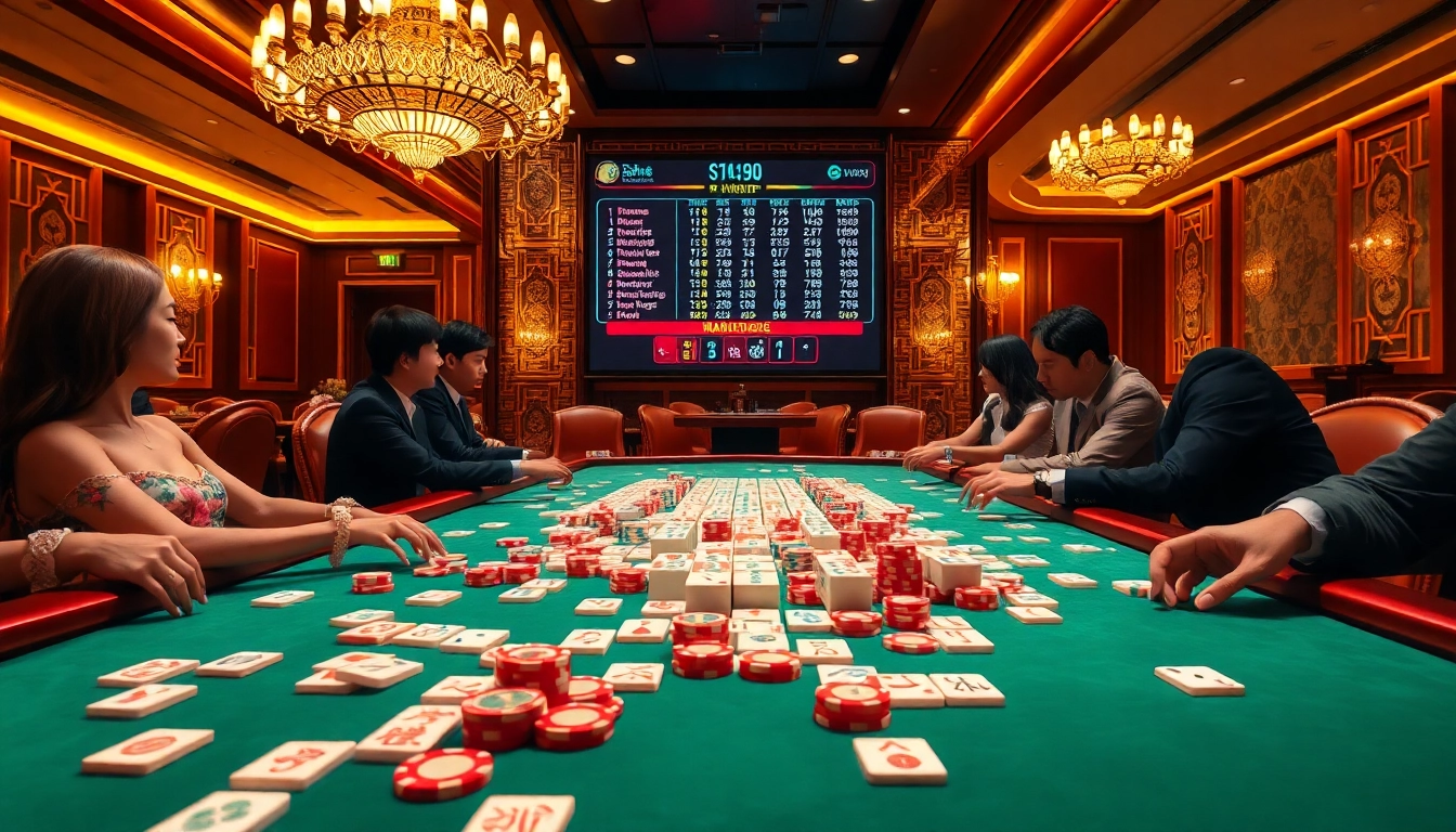 Berpartisipasi dalam perjudian Mahjong di meja kasino yang hidup dengan ubin berwarna-warni dan chip kemenangan.