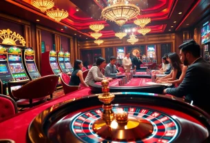 Experience the thrill of Raja Luck gaming with elegant casino tables and vibrant slot machines.