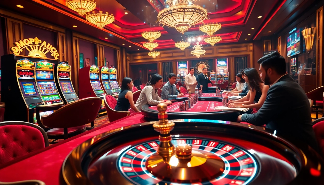 Experience the thrill of Raja Luck gaming with elegant casino tables and vibrant slot machines.