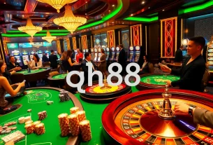 Experience the excitement of qh88 at an opulent casino, filled with vibrant gaming tables and eager players.