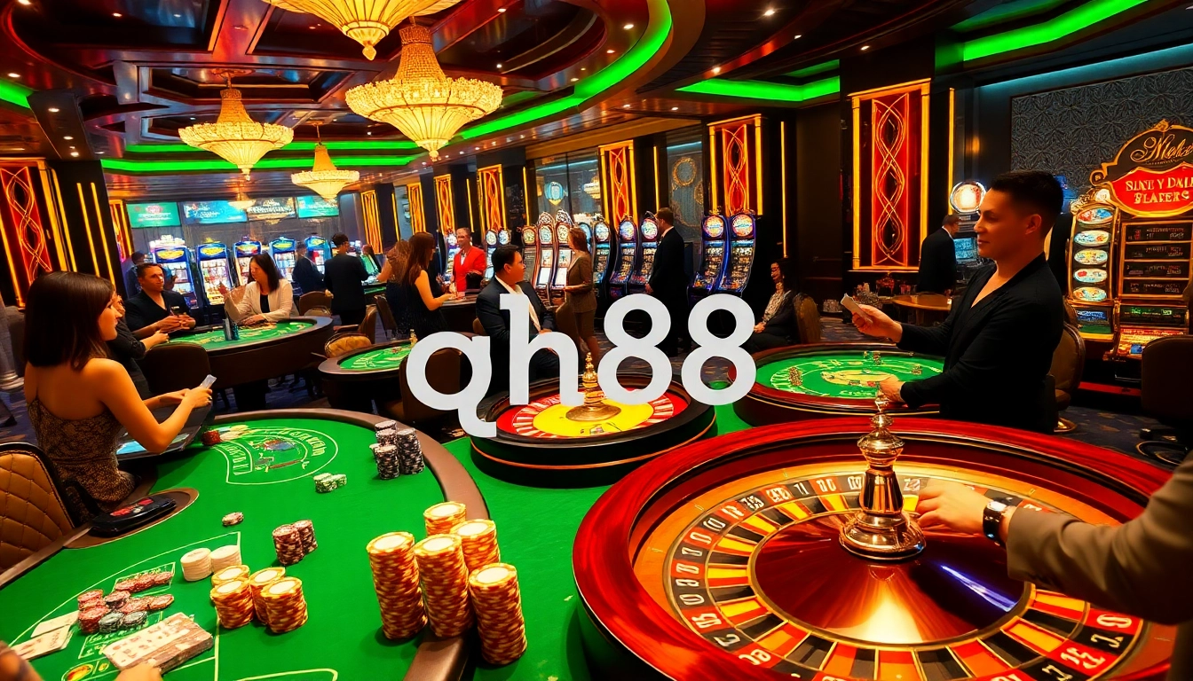 Experience the excitement of qh88 at an opulent casino, filled with vibrant gaming tables and eager players.