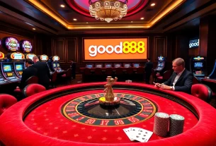 Experience the thrill of winning at good88 with an elegant casino setup featuring a roulette table and slot machines.
