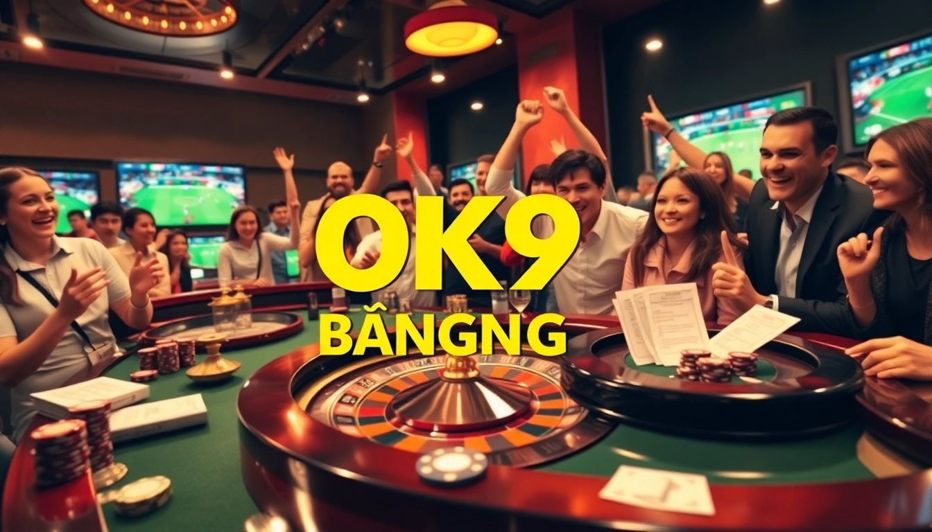 Betting on OK9 BÓNG ĐÁ at a vibrant casino with poker chips and tables.