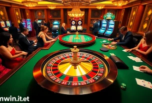 Players enjoying games at bomwin1.it.com casino tables with roulette wheel and slot machines.