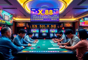 Experience the excitement of xổ số xn88 with vibrant lottery graphics and enthusiastic players in a modern casino.
