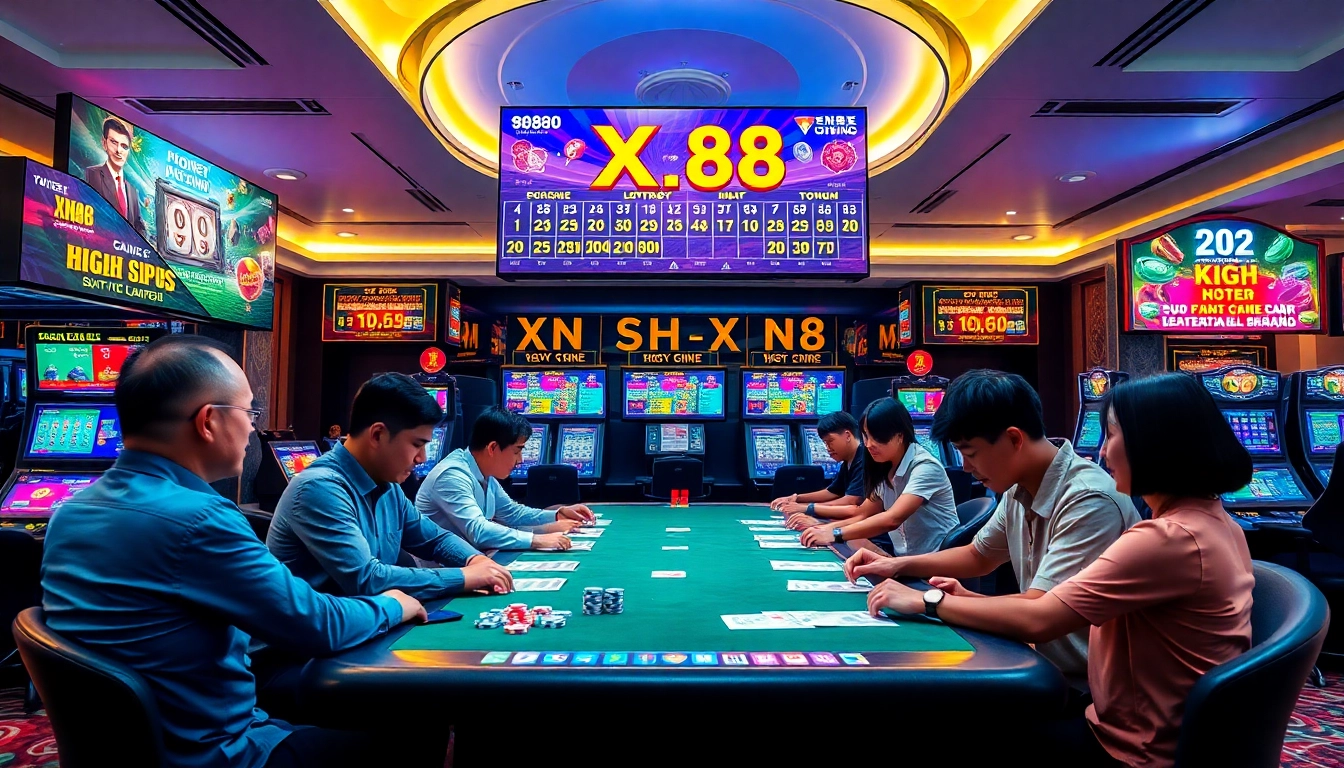 Experience the excitement of xổ số xn88 with vibrant lottery graphics and enthusiastic players in a modern casino.