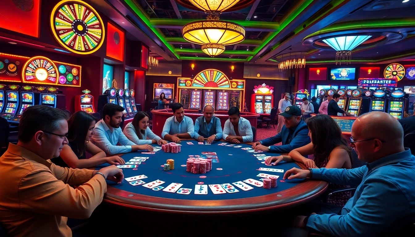 Players engage in a high-stakes poker game at the PXJ casino table amidst vibrant slot machines.