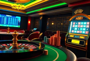 Players enjoying a lively casino experience with FEBET, featuring roulette and poker.