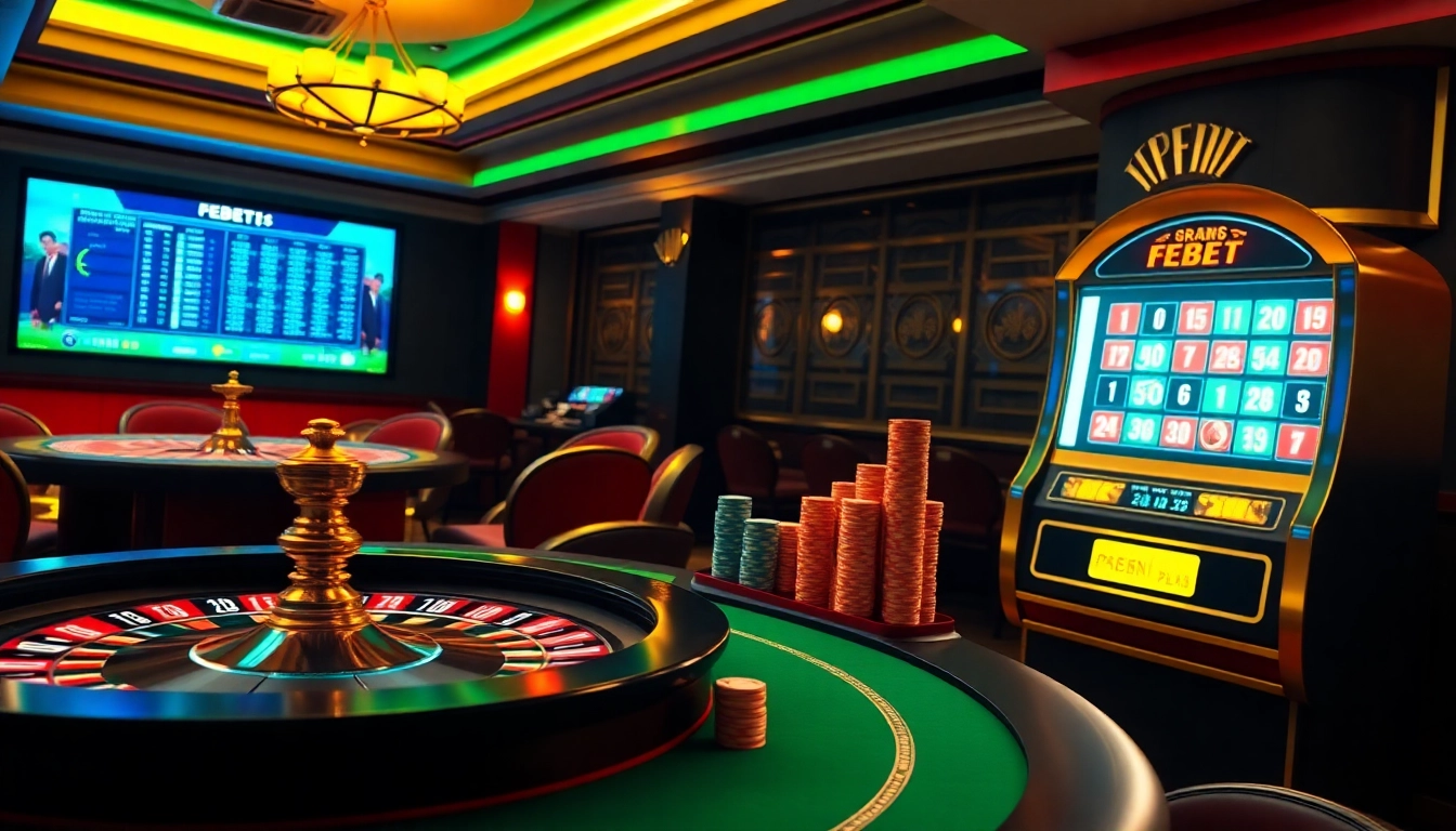 Players enjoying a lively casino experience with FEBET, featuring roulette and poker.
