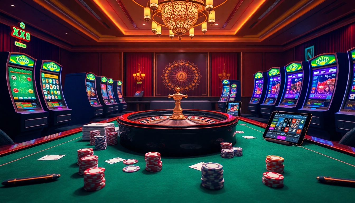 Experience the vibrant world of gambling at nhà cái XX88 with exciting casino tables, poker chips, and sleek online interfaces.