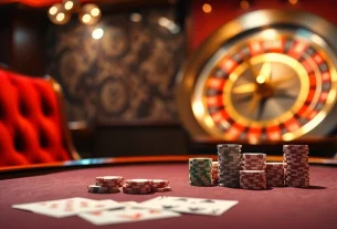 58WIN poker game scene with luxurious chips and cards illuminating an elegant casino.