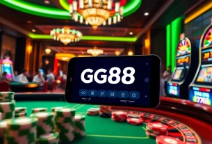 Players engaging in exciting betting activities on GG88's mobile gaming interface amidst luxurious casino elements.