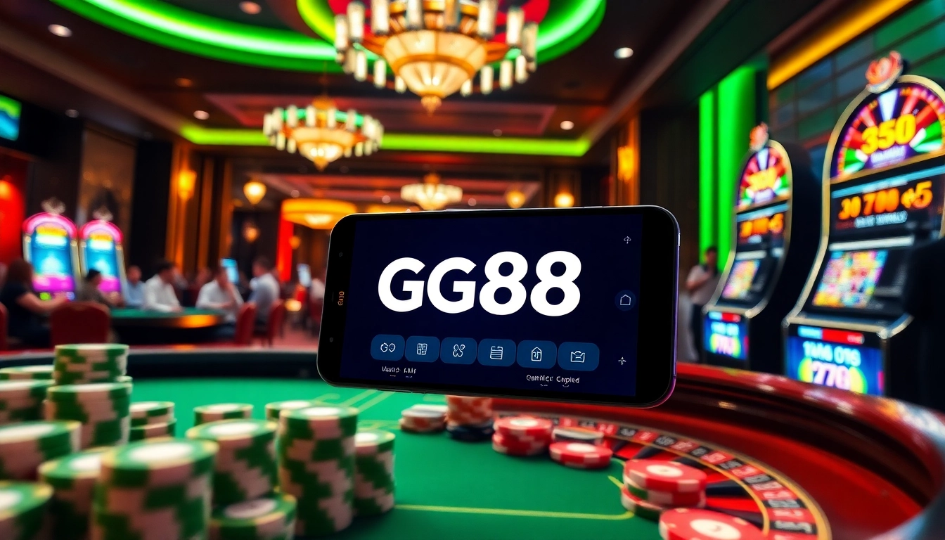 Players engaging in exciting betting activities on GG88's mobile gaming interface amidst luxurious casino elements.