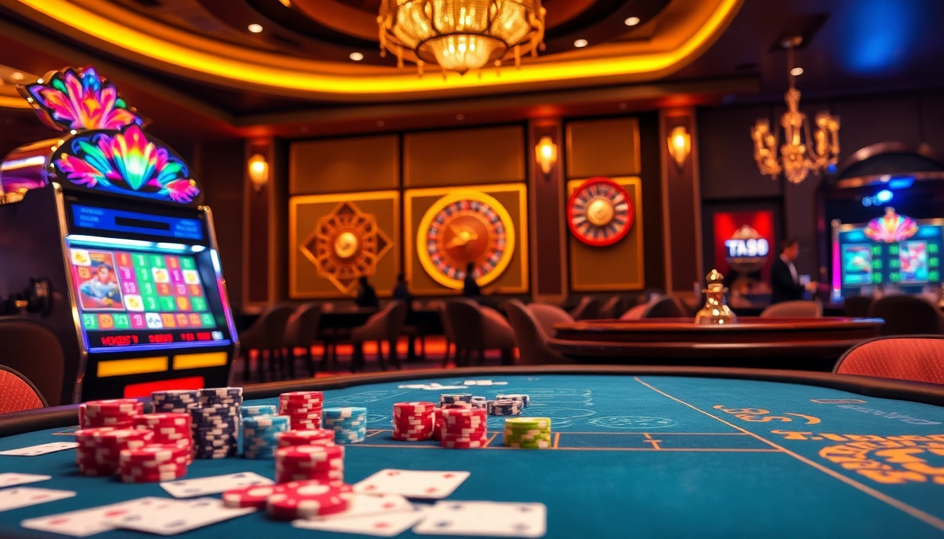 Experience the thrill at ta88 with luxurious casino tables, vibrant chips, and engaging gameplay scenes.