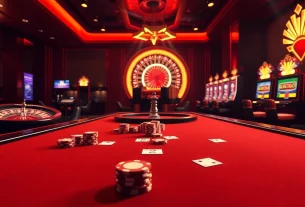 Nohu90’s vibrant online casino atmosphere featuring luxury gaming tables and modern slot machines.